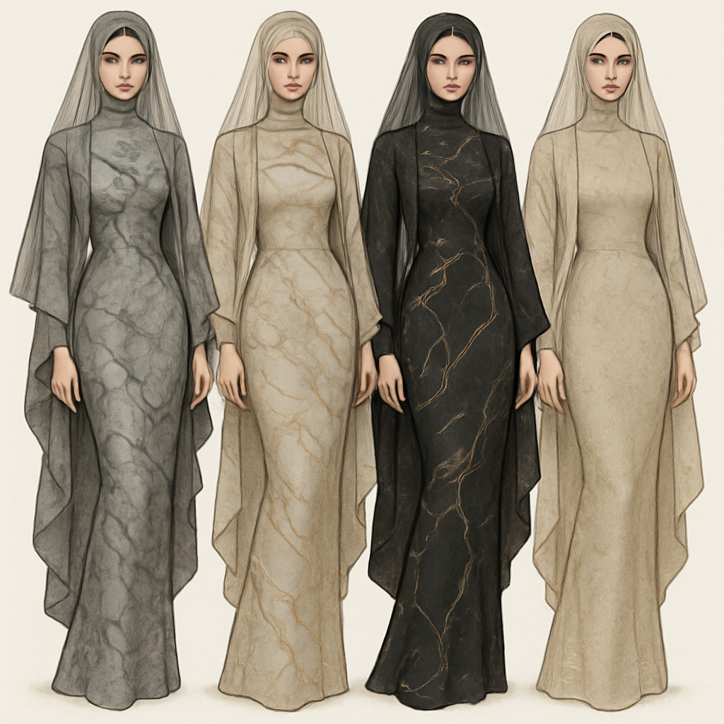 Create a modest sexy elegant fittted dress with a veil and kimono, the first of its kind, featuring a unique stone design that exudes a classy and sophisticated vibe. I'd like four designs, each showcasing different styles and fabrics. Incorporate high-end, unique chic stone designs to make them truly special. Add little sophisticated stone designs.

Create a modest sexy elegant fittted dress with a veil and kimono, the first of its kind, featuring a unique stone design that exudes a classy and sophisticated vibe. I'd like four designs, each showcasing different styles and fabrics. Incorporate high-end, unique chic stone designs to make them truly special. Add little sophisticated stone designs.