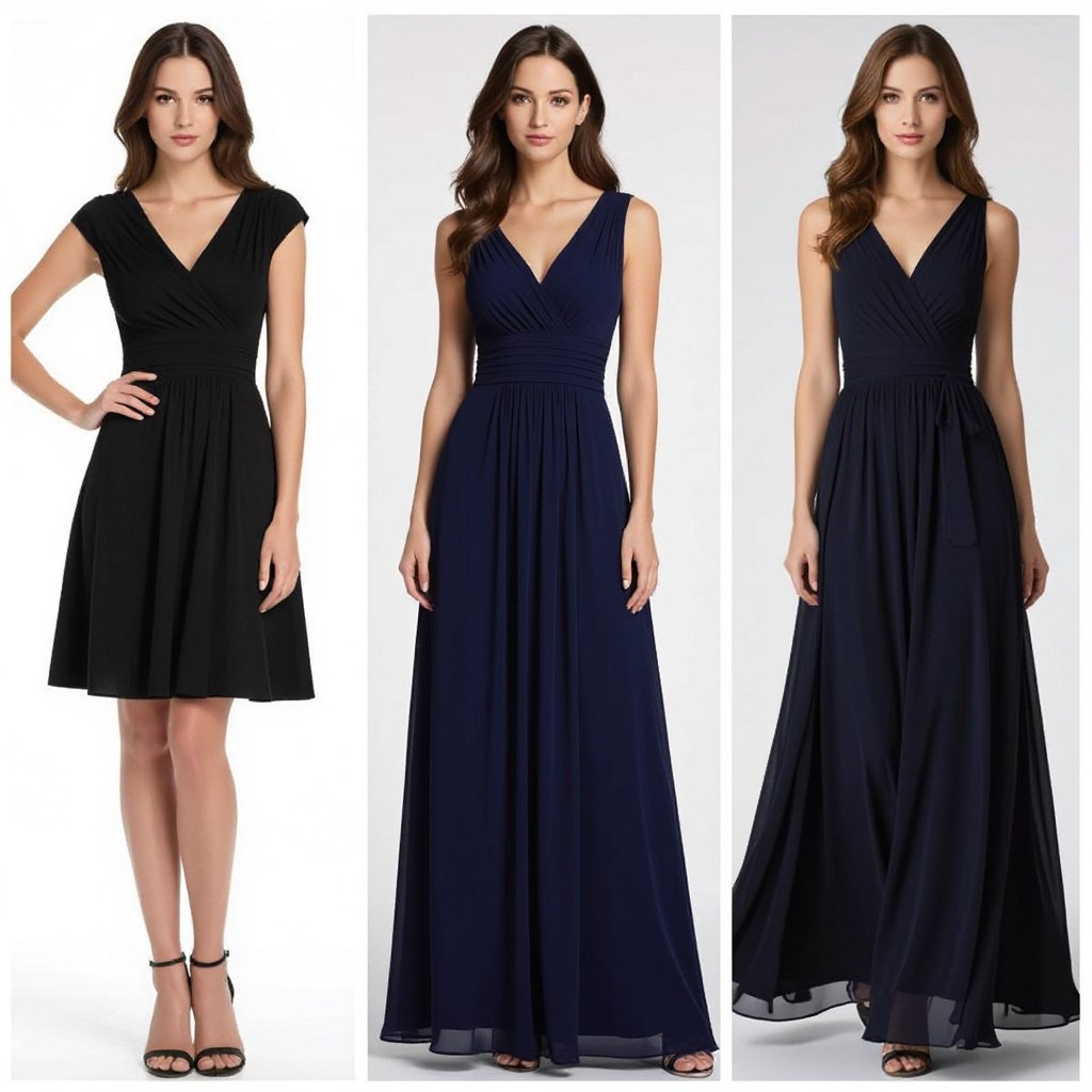 Dresses
Dresses: A-line jersey dress, V-neck cotton dress, empire waist chiffon dress, wrap silk dress.