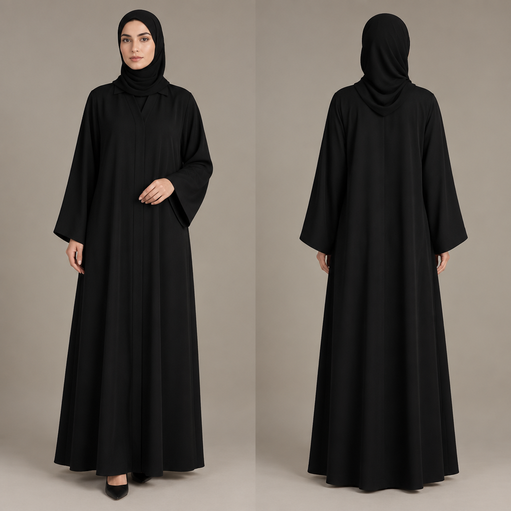 عباية سوداء ساده ياقة سودا بدون تطريز وطرحة
photorealistic fashion design, عباية سوداء ساده ياقة سودا بدون تطريز وطرحة , formal style, just the design no text