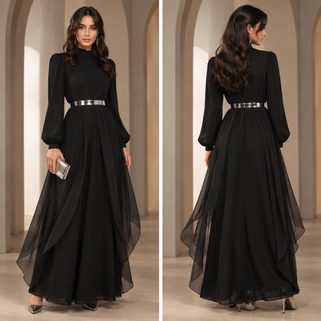 A Female Dress design, with modest, full coverage: longer hemlines, higher necklines and covered shoulders, suitable for Fall. اريد فستان اسود مع حزام معدن فضي على الخصر وشيفون واسع ممتد من الخسر الي أسفل الركبة وشعر واكسسوارات وكندرة لائقة للوك. LB fashion aesthetics. Present it as professional fashion catalogue photography: the garment is the subject, shown full-length with editorial styling, neutral posing and tasteful, non-suggestive framing.
photorealistic fashion design, A Female Dress design, with modest, full coverage: longer hemlines, higher necklines and covered shoulders, suitable for Fall. اريد فستان اسود مع حزام معدن فضي على الخصر وشيفون واسع ممتد من الخسر الي أسفل الركبة وشعر واكسسوارات وكندرة لائقة للوك. LB fashion aesthetics. Present it as professional fashion catalogue photography: the garment is the subject, shown full-length with editorial styling, neutral posing and tasteful, non-suggestive framing., just the design no text