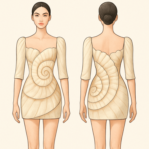 Fashion without fear is my collection and the seashell is my inspiration.
I want a bustier short fitted dress with the spiral nature of the shell. It should be a dress with sleeves and the neckline should be like the opening of the shell