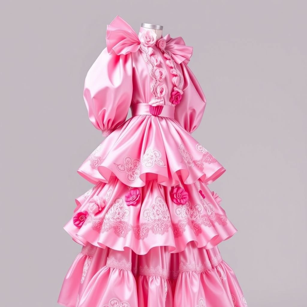 Cup cake box pink
Design an avant-garde couture ensemble in "cupcake box pink," featuring a structured, oversized silhouette with puffed sleeves and a tiered skirt reminiscent of a whimsical cupcake display. Incorporate glossy satin fabrics, delicate lace appliqués, and edible-inspired embellishments, like floral sugar designs, creating a playful yet elegant look that bursts with youthful charm.