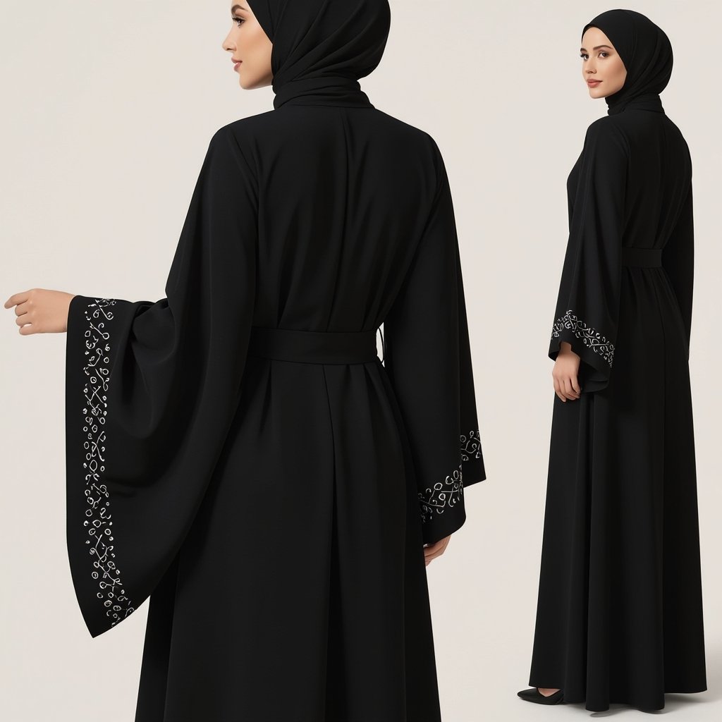 عباية يكون لونها اسود وتكون للعمل وفي نفس الوقت فخمة تكون اكمامها عليها ديزاين من تحت علي حافة الكم ونفس الديزاين يكون من وراء فوق عند الظهر من دون حزام حول النص
Classic fashion: Black modest abaya, A-line silhouette, for work. Simple design on sleeve cuffs and upper back. No belt.