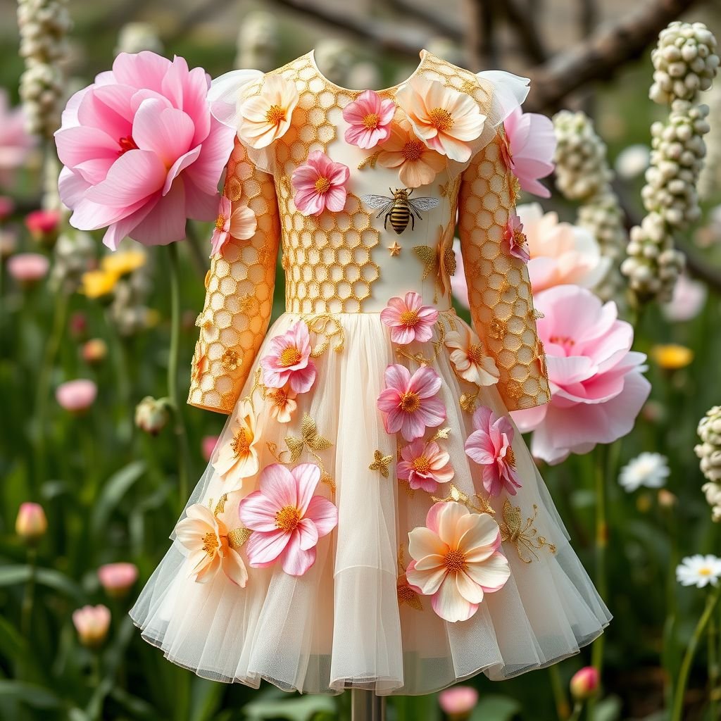 A honey bee & honey comb themed spring day dress.
Design a whimsical spring day dress inspired by honey bees and honeycombs, featuring a flowing silhouette adorned with vibrant floral patterns. Incorporate intricate golden honeycomb motifs intertwined with lush, oversized blossoms in soft pastels. Accentuate the look with delicate bee appliqués and a layered tulle skirt that mimics blooming petals.