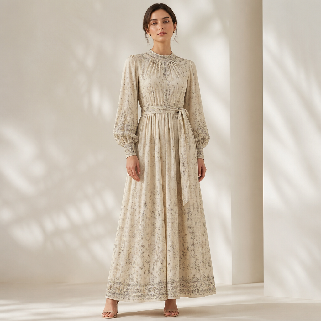A Dress design, with modest, full coverage: longer hemlines, higher necklines and covered shoulders, suitable for Summer. EC fashion aesthetics. Present it as professional fashion catalogue photography: the garment is the subject, shown full-length with editorial styling, neutral posing and tasteful, non-suggestive framing.
photorealistic fashion design, A Dress design, with modest, full coverage: longer hemlines, higher necklines and covered shoulders, suitable for Summer. EC fashion aesthetics. Present it as professional fashion catalogue photography: the garment is the subject, shown full-length with editorial styling, neutral posing and tasteful, non-suggestive framing., just the design no text