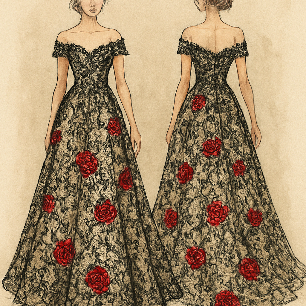 Lace black with champagne underlay wedding dress with off the shoulder sleeves with sequined red roses around the dress.
Lace black with champagne underlay wedding dress with off the shoulder sleeves with sequined red roses around the dress., artsy style, show front and back