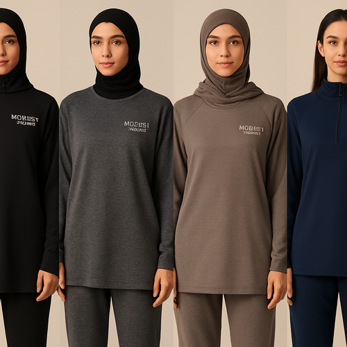 Create a revolutionary women’s modest loose gym wear brand called “Modest Fleur”. Display the brand name on the garments in a unique design on the upper right side, in small thick writing that exudes a classy and sophisticated vibe. I’d like four designs, each showcasing different styles and fabrics, with high-end, unique chic designs to make them truly special.