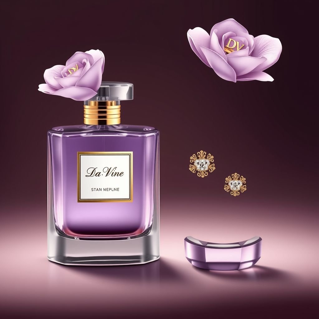 Fancy eau de perfume bottle with the name “Da’Vine” on it. With DV on it. Shape the bottle as a flower
Design a sophisticated business attire inspired by the elegant "Da’Vine" perfume bottle, featuring a floral silhouette. Incorporate rich fabrics like silk and structured tailoring. The color palette should echo the perfume’s enchanting notes—deep lavender and soft gold. Accessorize with DV monogrammed brooches, exuding refinement and confidence in corporate settings.