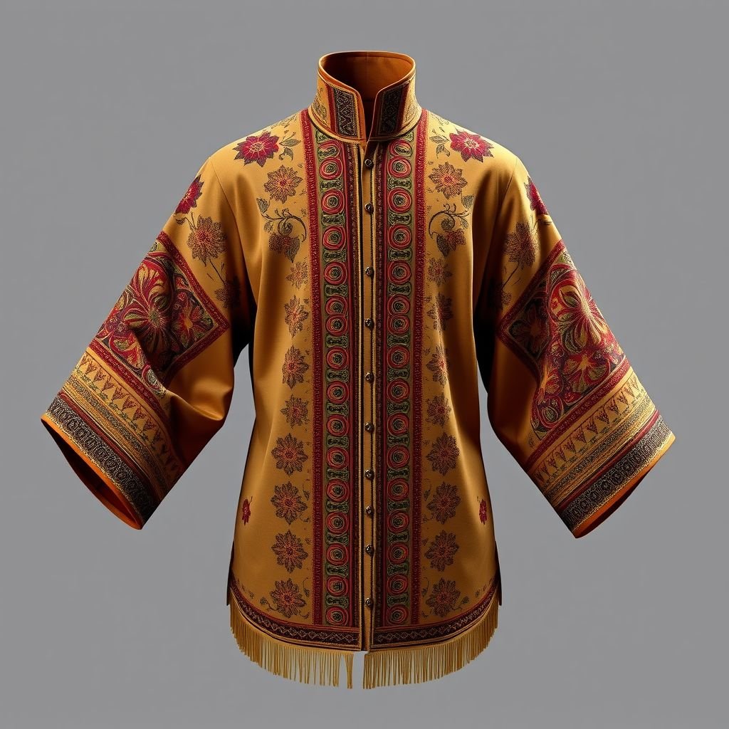 Монгол ёс заншилбг гаргасан цамц
Design a contemporary Mongolian traditional shirt that marries heritage with modern flair. Incorporate intricate, hand-embroidered patterns inspired by yurts and nature. Use rich earth tones and silk-like fabrics, with asymmetrical cuts and layered textures. Add a high collar and flowing sleeves, creating a striking silhouette that celebrates cultural elegance.