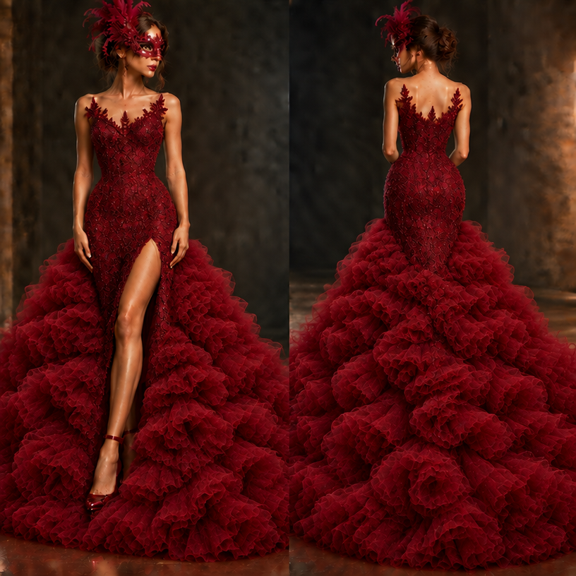 Make the ruffles tighter almost to resemble clouds
edit the attached fashion design with these instructions: Make the ruffles tighter almost to resemble clouds. keep it photorealistic, just the design no text