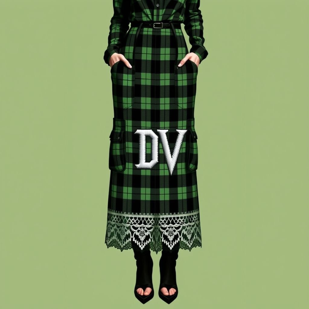 Plaid maxi skirt with pockets and lace , that say “DV” embroidery on skirt
Design a bold streetwear ensemble featuring a plaid maxi skirt that merges grunge and elegance, equipped with deep pockets for urban functionality. Incorporate intricate lace detailing along the hem, creating contrast and texture. Embroider the letters "DV" prominently on the skirt, showcasing a unique blend of sophistication and street style.