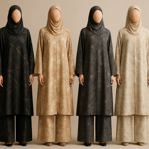 Create a modest abaya and loose pant, first of its kind, featuring a unique stone design that exudes a classy and sophisticated vibe. I'd like four designs, each showcasing different styles and fabrics. Incorporate high-end, unique chic stone designs to make them truly special. Add little sophisticated stone designs. Make it irresistible!