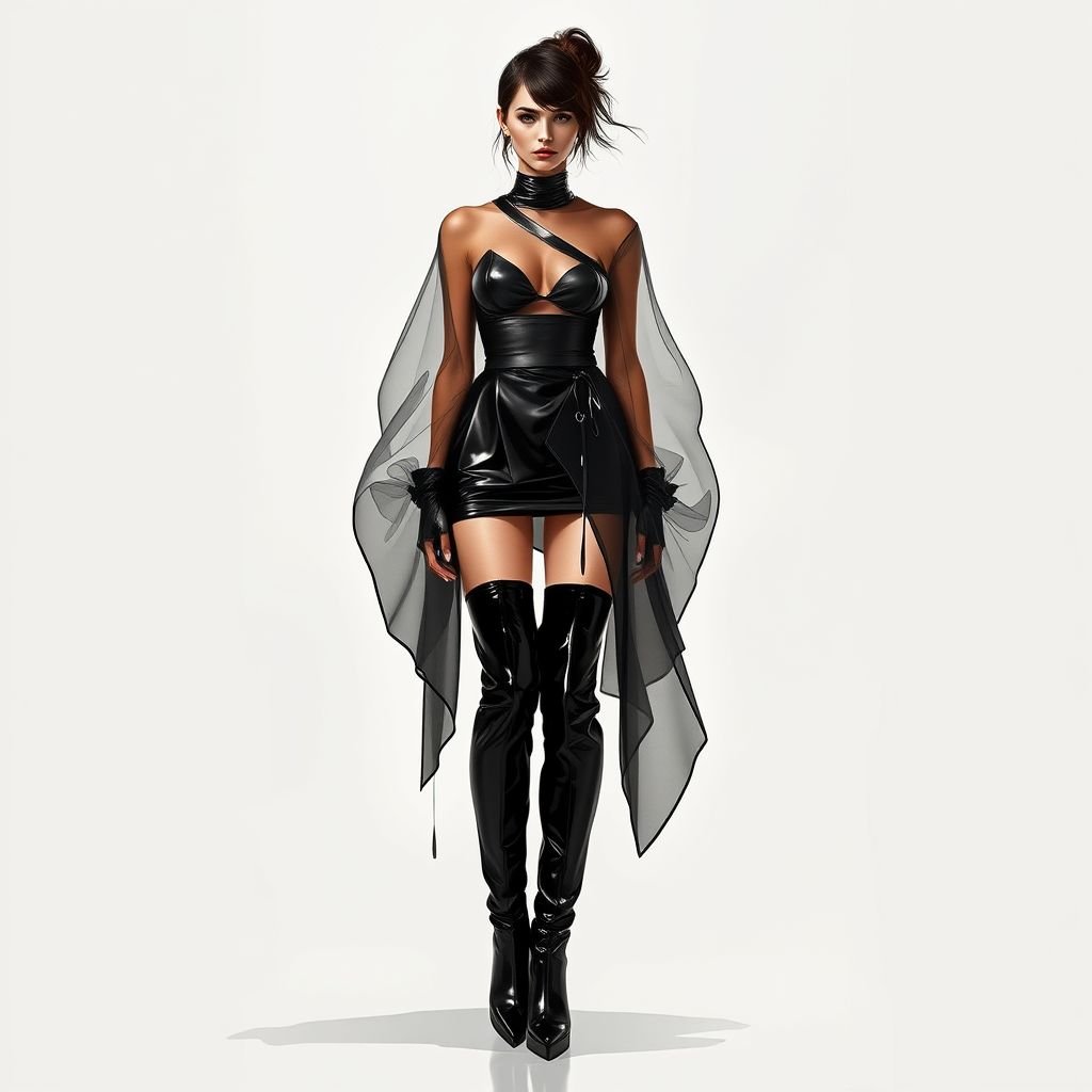 Wet look sheer, with a short skirt, asymmetrical top, knee high boots and a flare
Design an avant-garde fashion ensemble featuring a wet-look sheer fabric that adds depth and drama. Embrace an asymmetrical top, sculpted with varying lengths to create unexpected silhouettes. Complement with a daring short skirt and statement knee-high boots, finished with exaggerated flares that cascade dynamically, merging elegance with radical artistry.
