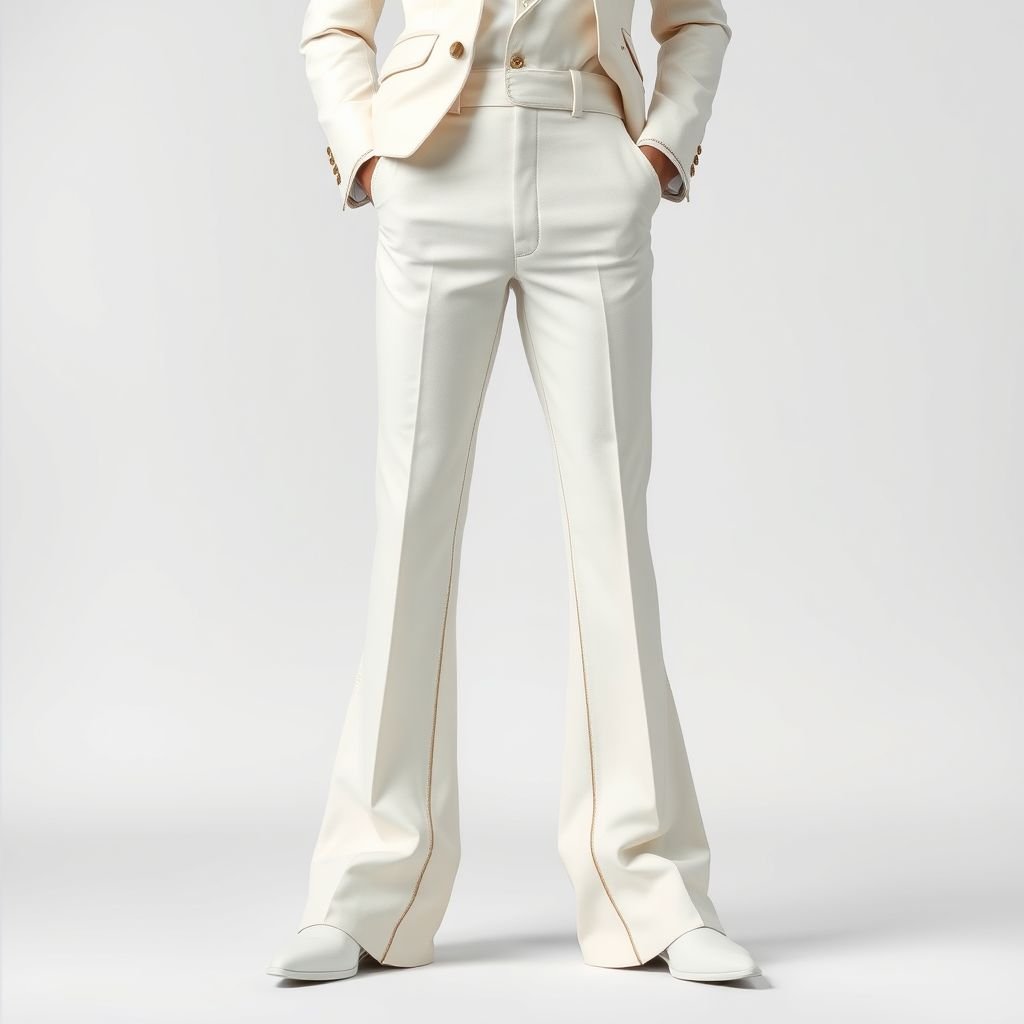 Create a men’s suits pants that is the color off-white and has a crease line through the middle to the bottom also with a 70s flare hem at the bottom.
Design a modern men's suit pant in luxurious off-white fabric, featuring a polished crease line running elegantly from top to a dramatic 70s flare hem. The silhouette combines classic tailoring with retro flair, enriched by subtle textures. Accents of gold stitching add sophistication, embodying a nostalgic yet contemporary aesthetic.
