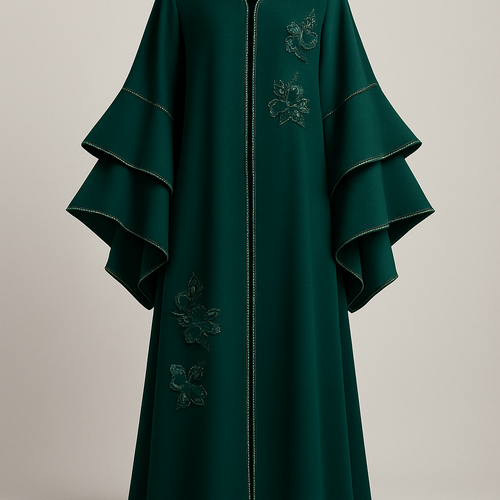 The Luxury Double-Sleeve Abaya
Tone: Deep Emerald Design: Layered double-sleeve with stone outlines and a few floral appliqués. Why it will sell: Double-sleeve designs trend every year sophisticated and instantly attractive.
