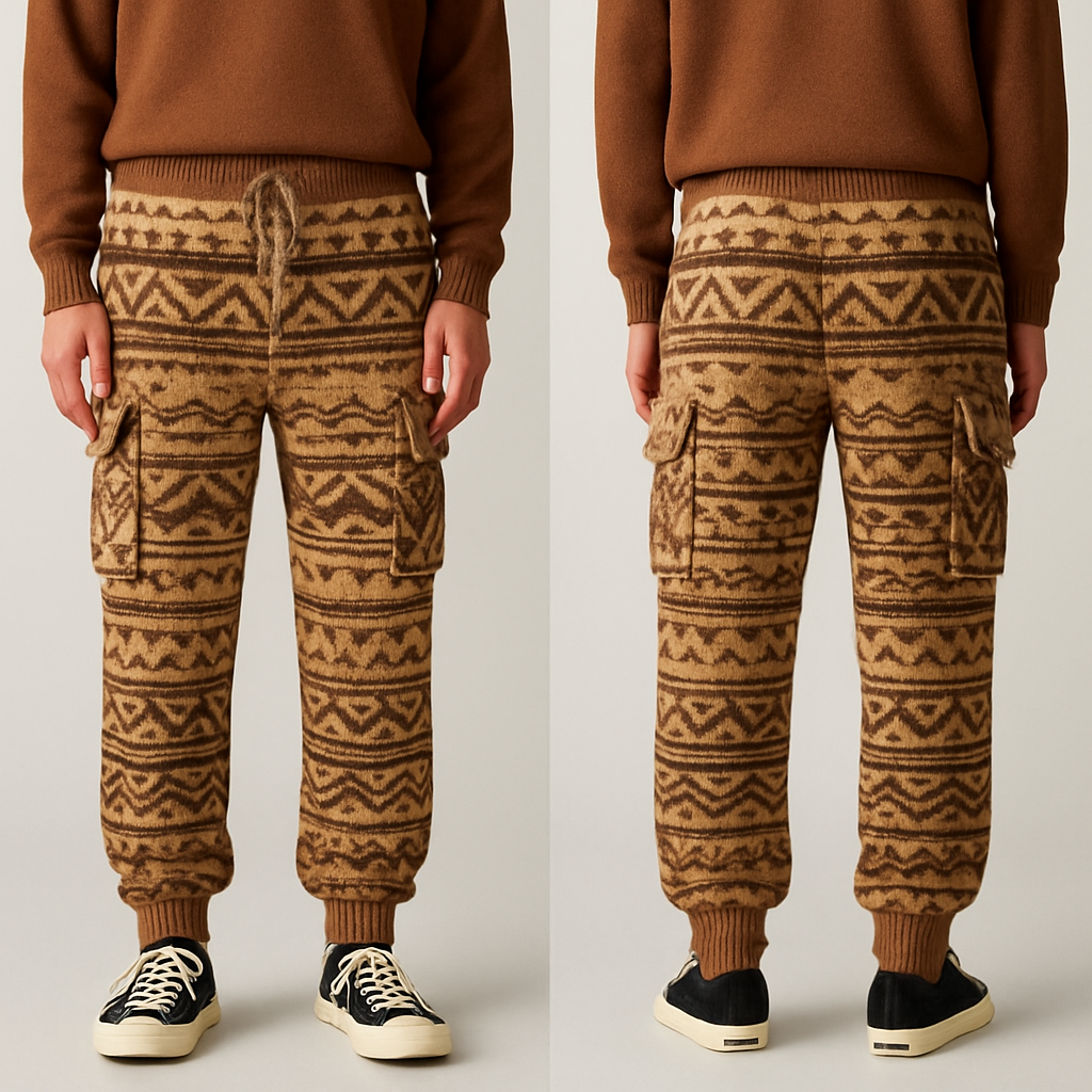 Flare knit cotton cargo joggers with an Aztec pattern 

Flare knit cotton cargo joggers with an Aztec pattern , streetwear style, show front and back