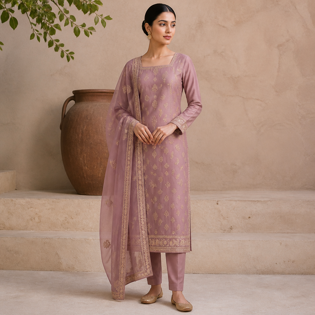 Can you make a churidar using the fabric shown in the picture I provided? I want a straight-fit style churidar with matching straight-fit pants. Please keep the design simple, elegant, and stylish. idont want v neck and do a square neck. India fashion aesthetics. Present it as professional fashion catalogue photography: the garment is the subject, shown full-length with editorial styling, neutral posing and tasteful, non-suggestive framing.
photorealistic fashion design, Can you make a churidar using the fabric shown in the picture I provided? I want a straight-fit style churidar with matching straight-fit pants. Please keep the design simple, elegant, and stylish. idont want v neck and do a square neck. India fashion aesthetics. Present it as professional fashion catalogue photography: the garment is the subject, shown full-length with editorial styling, neutral posing and tasteful, non-suggestive framing., just the design no text
