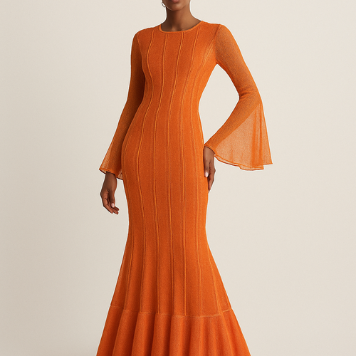 Orange burst knit maxi dress with mermaid skirt. Vertical lines in gold seamed threaded edge frilled. Long sleeve sheer sparkly trumpet