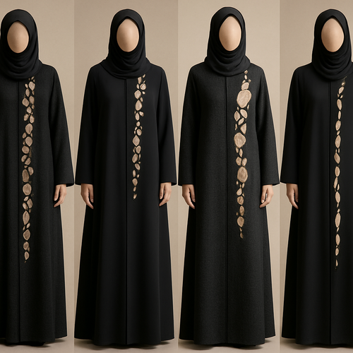 Create a modest abaya that's the first of its kind, featuring a unique stone design that exudes a classy and sophisticated vibe. I'd like four designs, each showcasing different styles and fabrics.
Incorporate high-end, unique chic stone designs to make them truly special. Add a little sophisticated stone work to it.