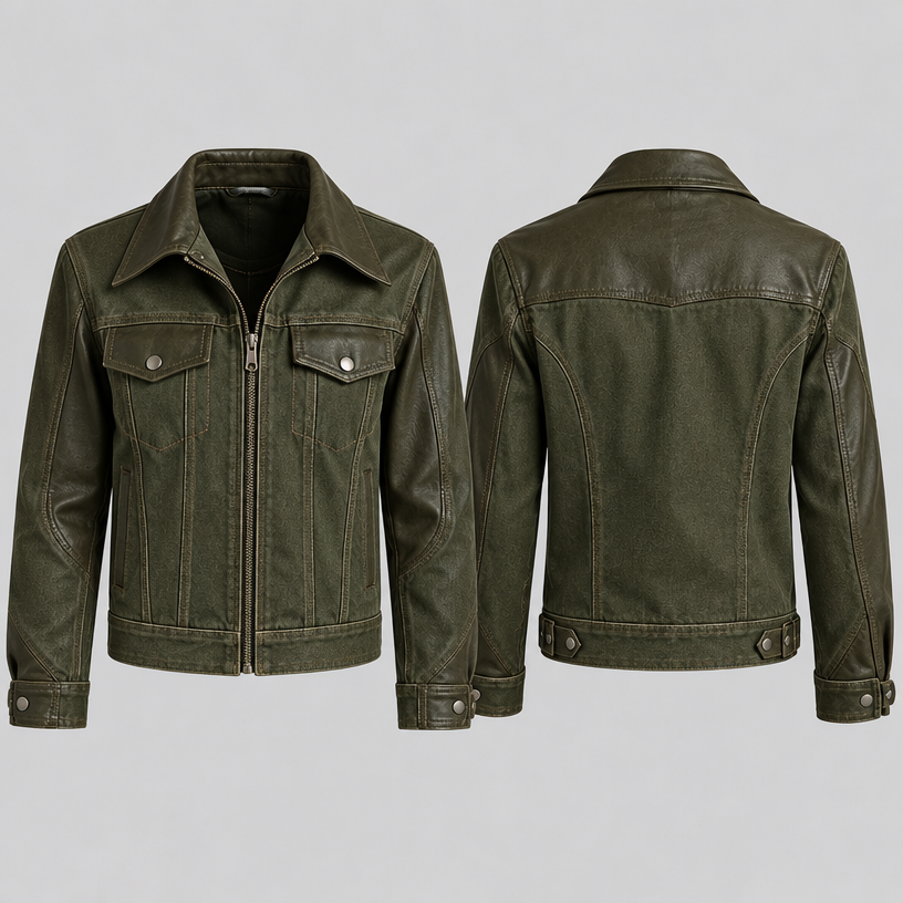 I want the jacket to be masculine. Reach from length to the hip. And it's green
edit the attached fashion design with these instructions: I want the jacket to be masculine. Reach from length to the hip. And it's green. keep it photorealistic, just the design no text