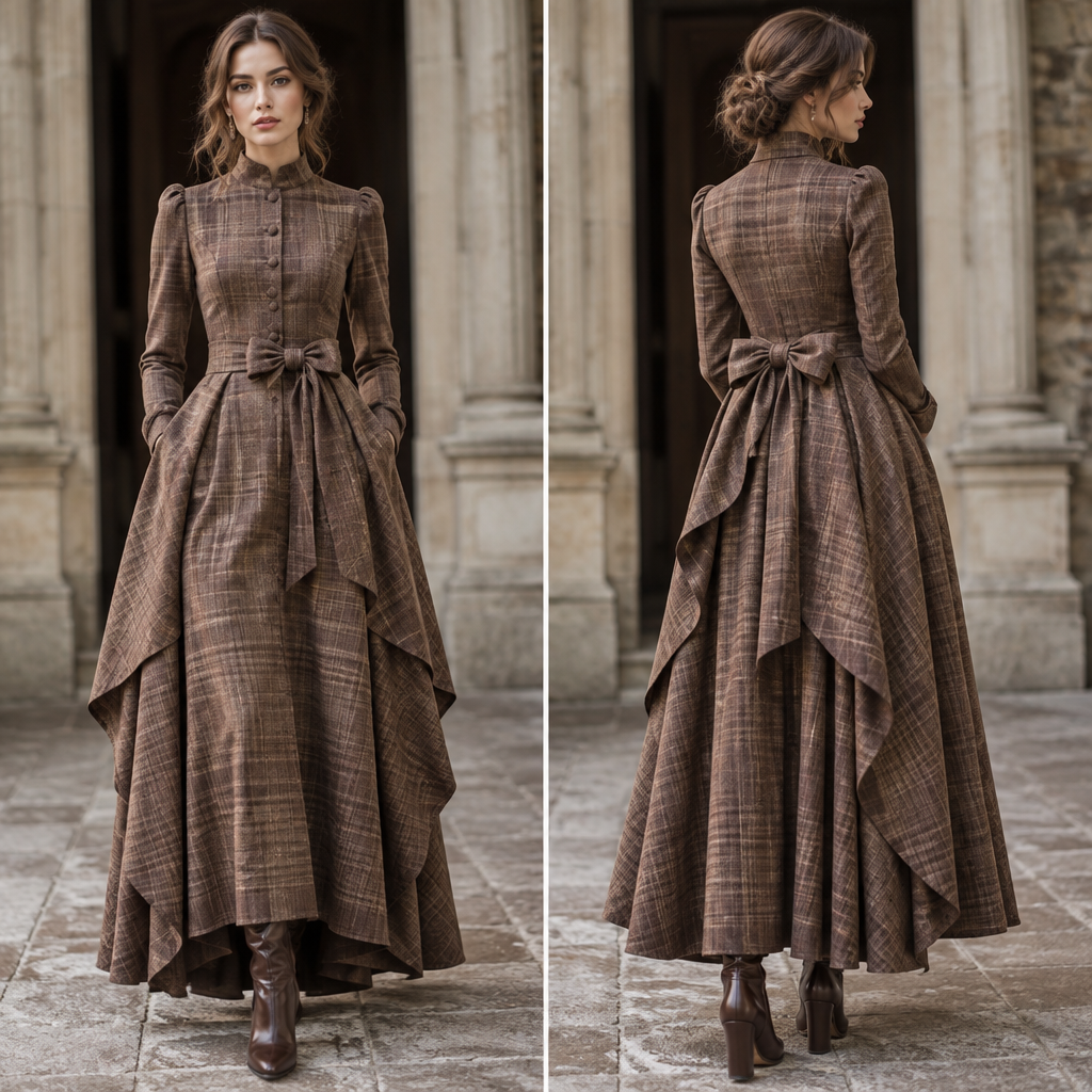 A Female Dress design, suitable for Fall. add cape from waist level down with a bow on waisr. United Kingdom fashion aesthetics. Present it as professional fashion catalogue photography: the garment is the subject, shown full-length with editorial styling, neutral posing and tasteful, non-suggestive framing.
photorealistic fashion design, A Female Dress design, suitable for Fall. add cape from waist level down with a bow on waisr. United Kingdom fashion aesthetics. Present it as professional fashion catalogue photography: the garment is the subject, shown full-length with editorial styling, neutral posing and tasteful, non-suggestive framing., just the design no text