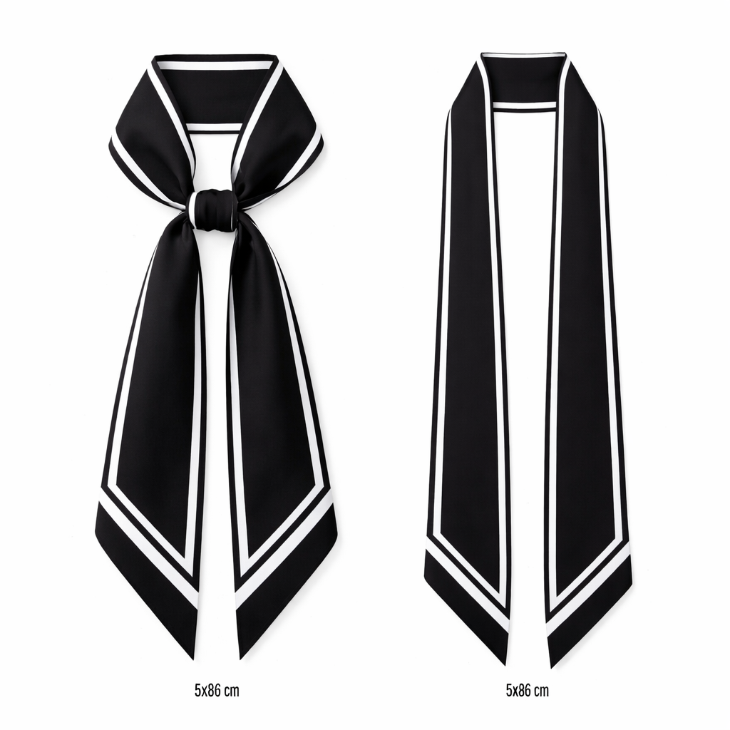 Design a silk scarf that is 5x86cm that is black and white and tailored looking in a layout more simple like Jackie Kennedy style
Design a silk scarf that is 5x86cm that is black and white and tailored looking in a layout more simple like Jackie Kennedy style, classic style, show front and back