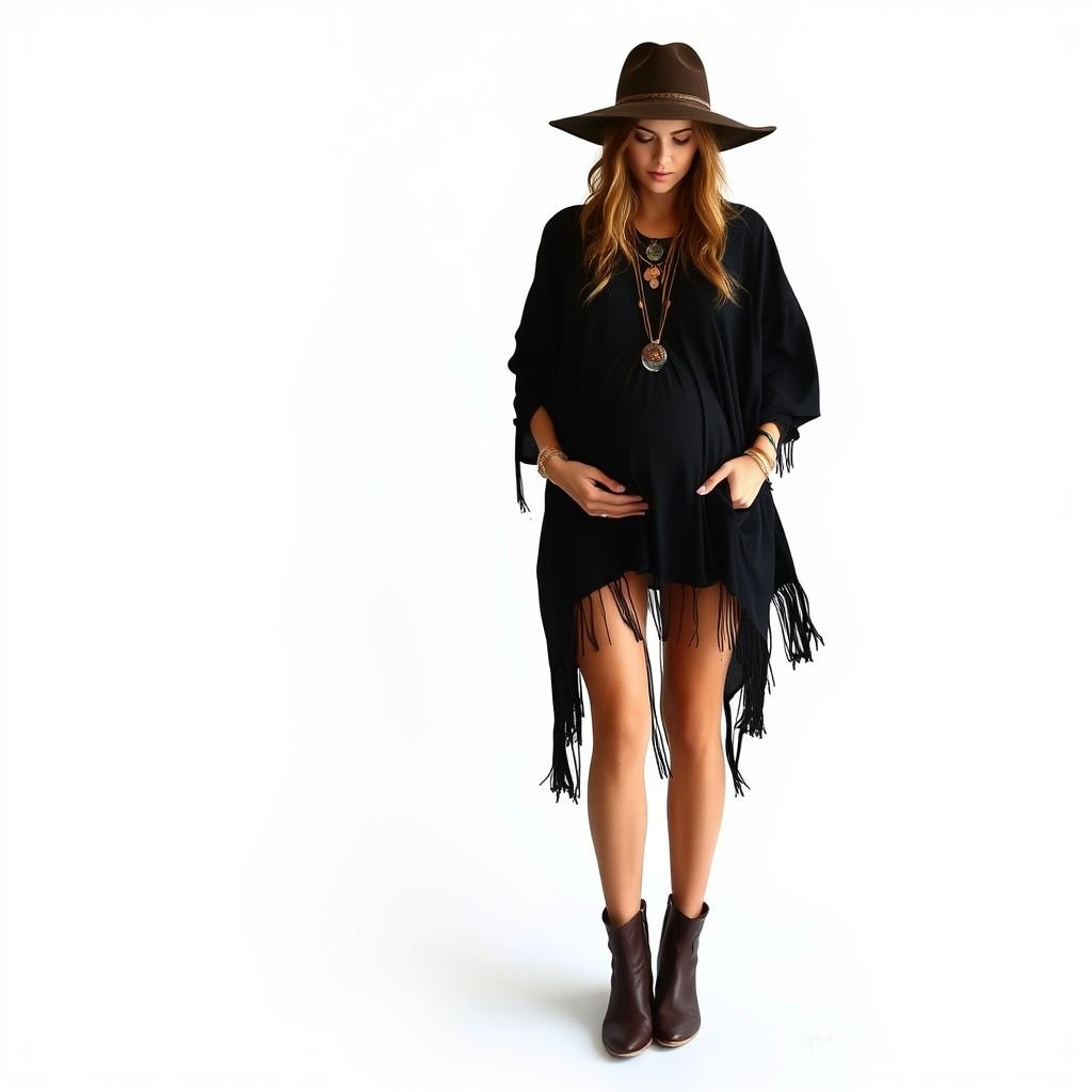 All black, whispy, peeking belly
Design a bohemian-inspired ensemble featuring flowing all-black layers that whisper with movement. Incorporate delicate lace cutouts to reveal glimpses of skin, enhancing a peeking belly. Add layered, oversized cardigans adorned with fringe, and accessorize with eclectic, handmade jewelry. Finish with an effortless wide-brim hat and soft leather ankle boots.