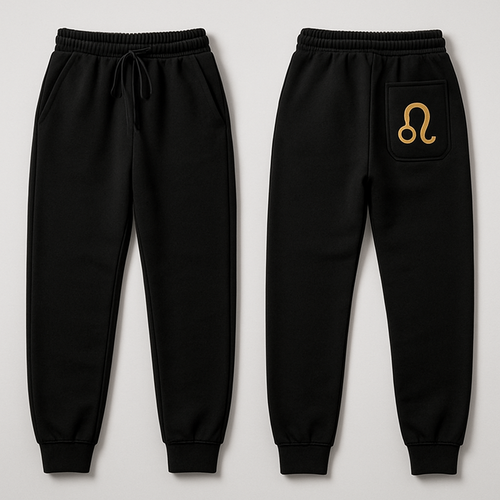 Create a unique trackpant with drawstring and a Leo sign on the back pocket

