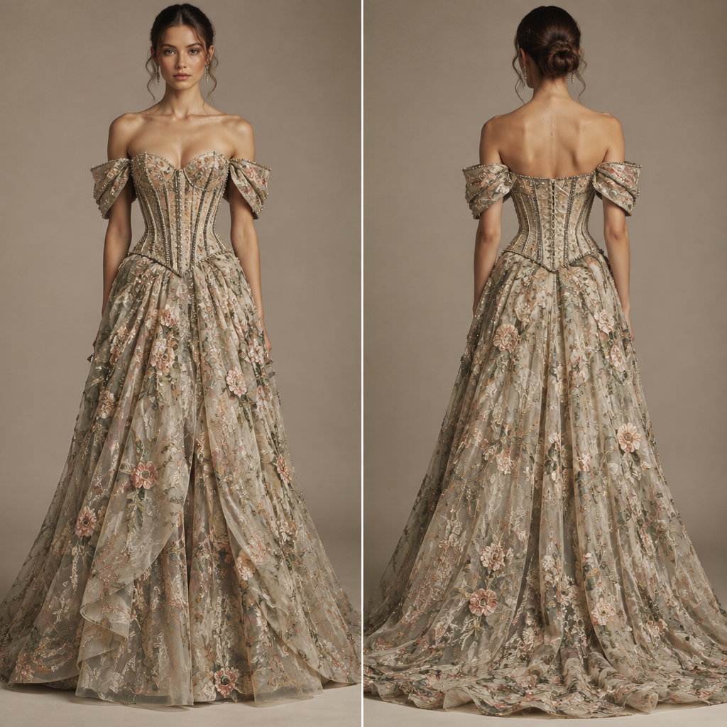 A corset top with a floral skirt with a structured off shoulder sleeve. Embellishment and beading
photorealistic fashion design, A corset top with a floral skirt with a structured off shoulder sleeve. Embellishment and beading, art_deco style, just the design no text, show front and back
