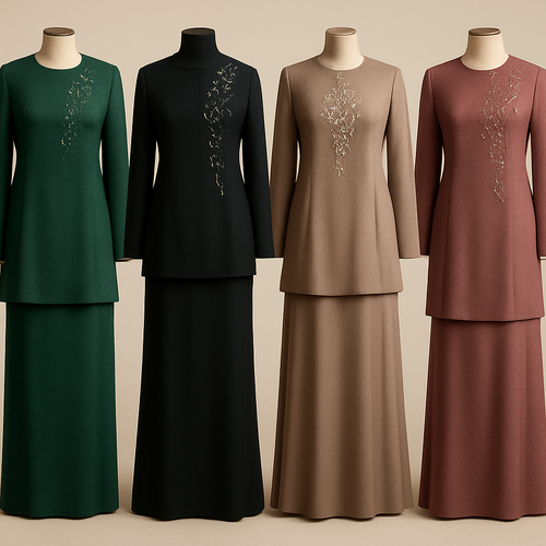 Create me modest two piece that's first in the world, using unique stone design, classy and sophisticated. Keep me 4 designs. Make them rich by adding minimal stone embroidery and stones designs. Showcasing different styles and fabric.