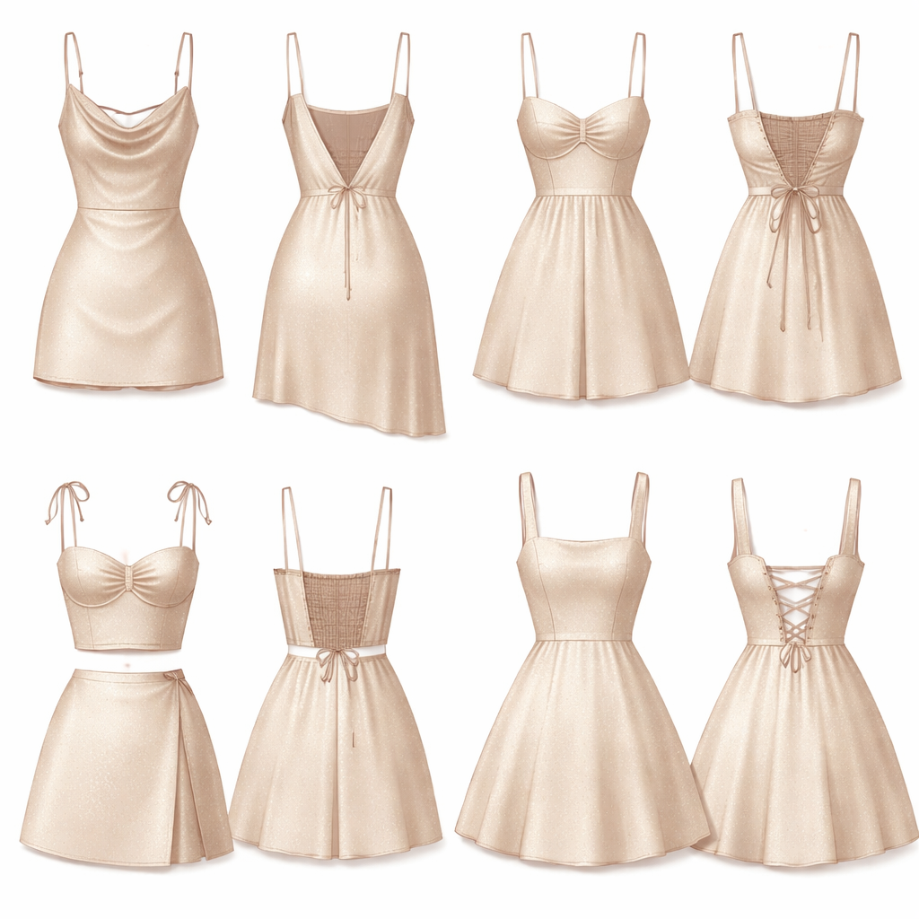 Make me 5 ideas of a top and dress for a 16 year old using a champagne gold a little glittery soft material
Make me 5 ideas of a top and dress for a 16 year old using a champagne gold a little glittery soft material
, minimalist style, show front and back