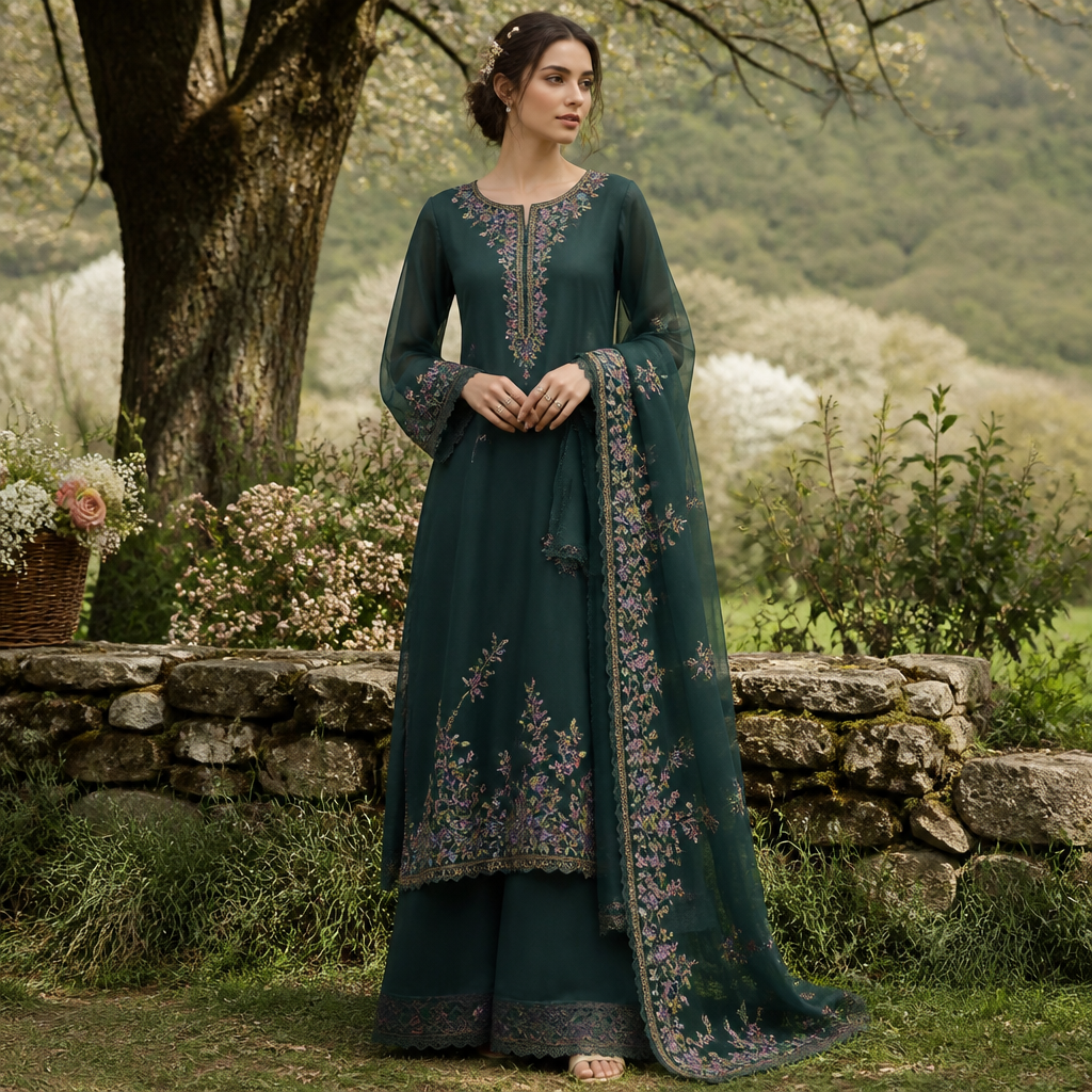 A Salwar Kameez design, made of Chiffon, with a sleek, smooth finish, with a Relaxed silhouette, in a Jewel Tones color palette, for Party, suitable for Spring, suited to a Temperate climate, in Cottagecore style, shown on a model with fair skin and an athletic build. IQ fashion aesthetics. Present it as professional fashion catalogue photography: the garment is the subject, shown full-length with editorial styling, neutral posing and tasteful, non-suggestive framing.
photorealistic fashion design, A Salwar Kameez design, made of Chiffon, with a sleek, smooth finish, with a Relaxed silhouette, in a Jewel Tones color palette, for Party, suitable for Spring, suited to a Temperate climate, in Cottagecore style, shown on a model with fair skin and an athletic build. IQ fashion aesthetics. Present it as professional fashion catalogue photography: the garment is the subject, shown full-length with editorial styling, neutral posing and tasteful, non-suggestive framing., cottagecore style, just the design no text
