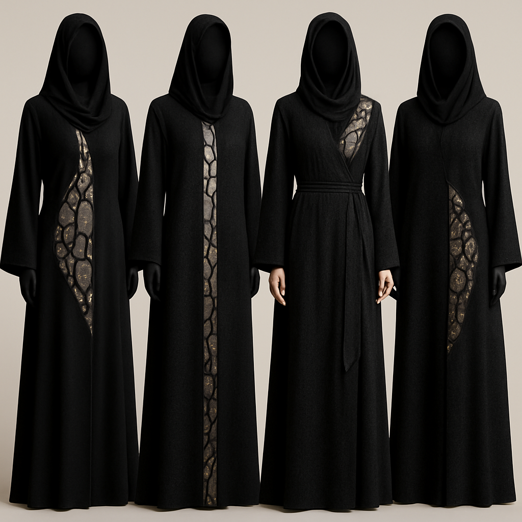 Create a modest abaya that's the first of its kind, featuring a unique stone design that exudes a classy and sophisticated vibe. I'd like four designs, each showcasing different styles and fabrics.
Incorporate high-end, unique chic stone designs to make them truly special. Add a little sophisticated stone work to it.

Create a modest abaya that's the first of its kind, featuring a unique stone design that exudes a classy and sophisticated vibe. I'd like four designs, each showcasing different styles and fabrics.
Incorporate high-end, unique chic stone designs to make them truly special. Add a little sophisticated stone work to it.