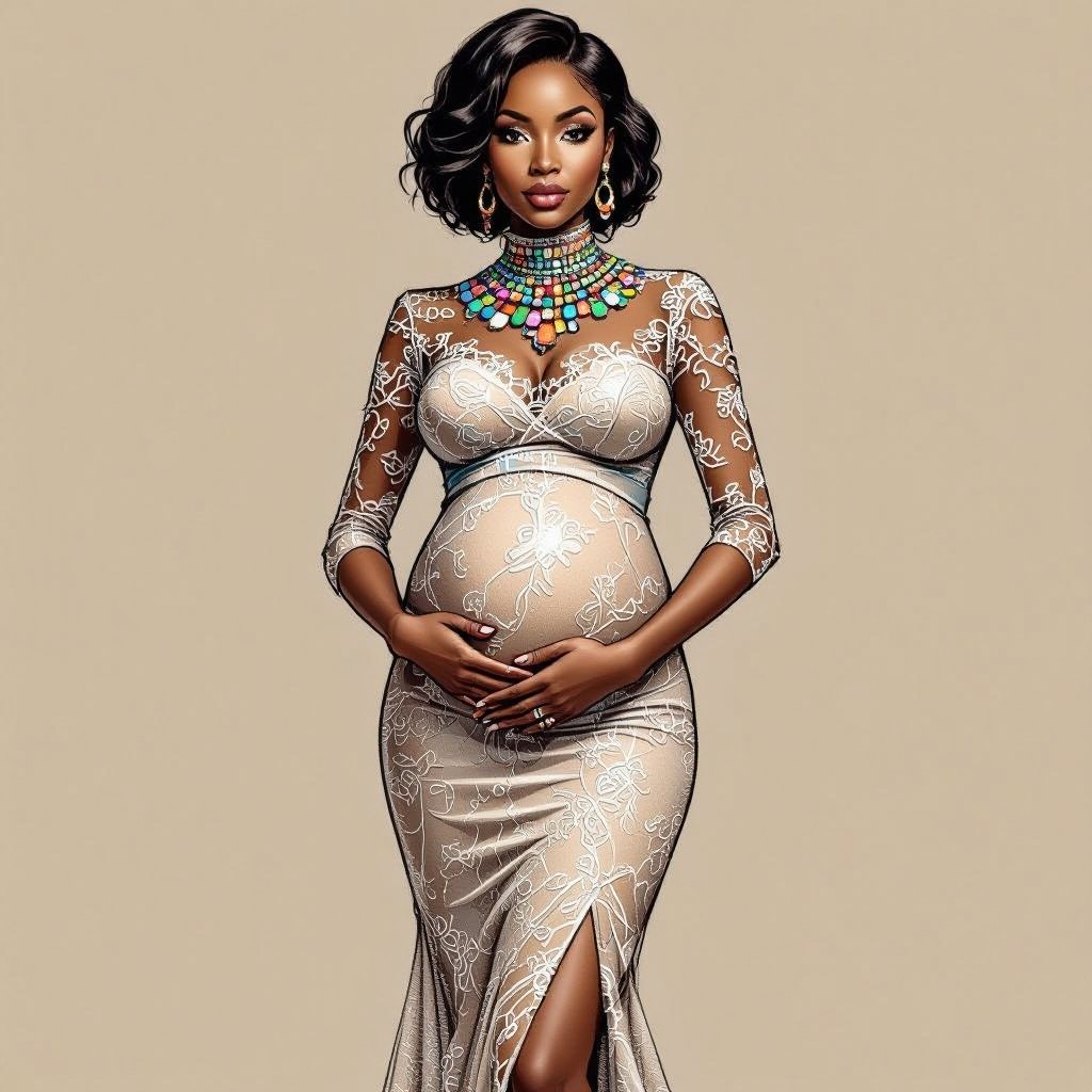 A full picture from head to toe of pencil sketch of an African black woman of a pregnant woman in a beaded turtle neck lace maternity dress
A full picture from head to toe, pencil sketch of an African Black pregnant woman in a beaded, turtle-neck, lace maternity dress with a fitted silhouette.