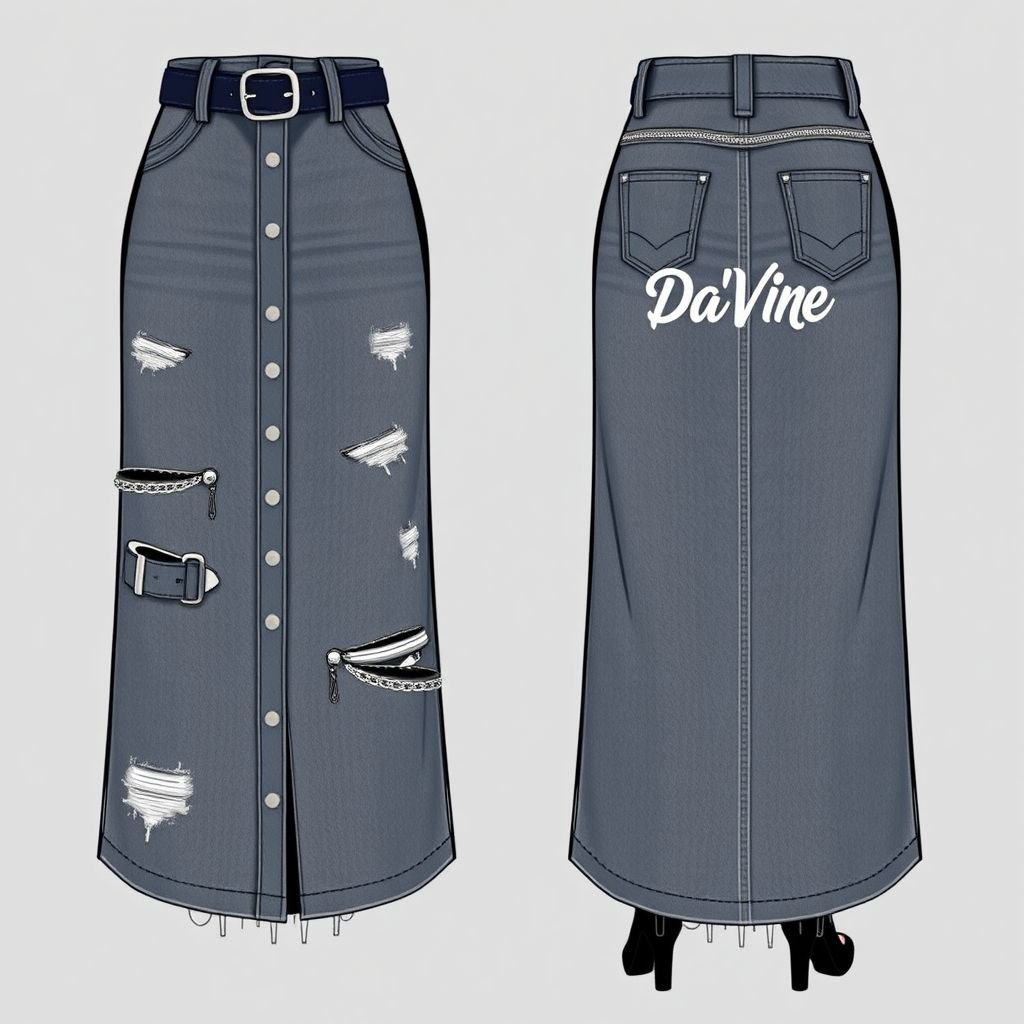 A denim skirt, with belt buckles on it. I want a front and back view of the skirt. The skirt should be midi length, with zippers going side to side, that you can attatch or detach. I want it to say “Da’Vine” on the front, in small writing
Design a trendy midi-length denim skirt with bold streetwear flair. Incorporate edgy belt buckles, oversized zippers running horizontally for versatility, and distressed fabric for an urban vibe. Showcase the front and back views, highlighting the subtle “Da’Vine” branding in graffiti-style font. Add chain details and contrasting stitching for an authentic street style.