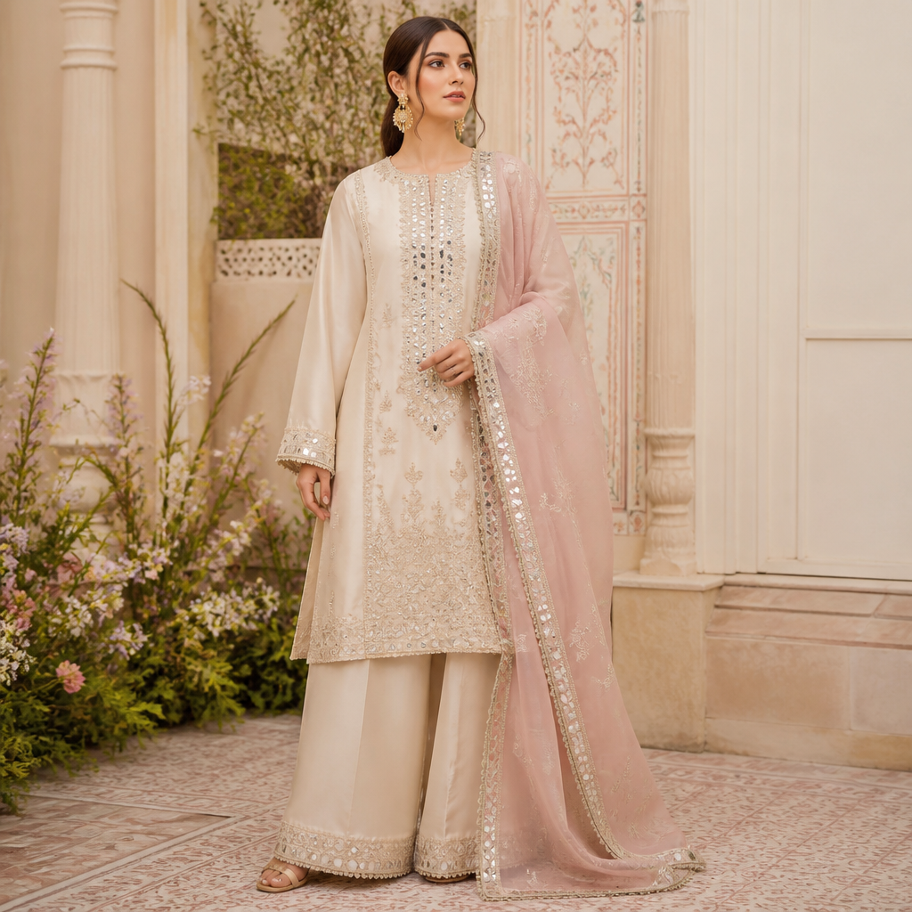 A Female Dress design, with modest, full coverage: longer hemlines, higher necklines and covered shoulders, suitable for Summer. style glamorous
fabric silk
occasion wedding
color , off-white and skin with mirror work
fit kurta and plazoo with light pink dupataa
body slim
skin tone fair
fabric feel shiny and glowy
with asthetic background and light elegant make mup. Pakistan fashion aesthetics. Present it as professional fashion catalogue photography: the garment is the subject, shown full-length with editorial styling, neutral posing and tasteful, non-suggestive framing.
photorealistic fashion design, A Female Dress design, with modest, full coverage: longer hemlines, higher necklines and covered shoulders, suitable for Summer. style glamorous
fabric silk
occasion wedding
color , off-white and skin with mirror work
fit kurta and plazoo with light pink dupataa
body slim
skin tone fair
fabric feel shiny and glowy
with asthetic background and light elegant make mup. Pakistan fashion aesthetics. Present it as professional fashion catalogue photography: the garment is the subject, shown full-length with editorial styling, neutral posing and tasteful, non-suggestive framing., just the design no text