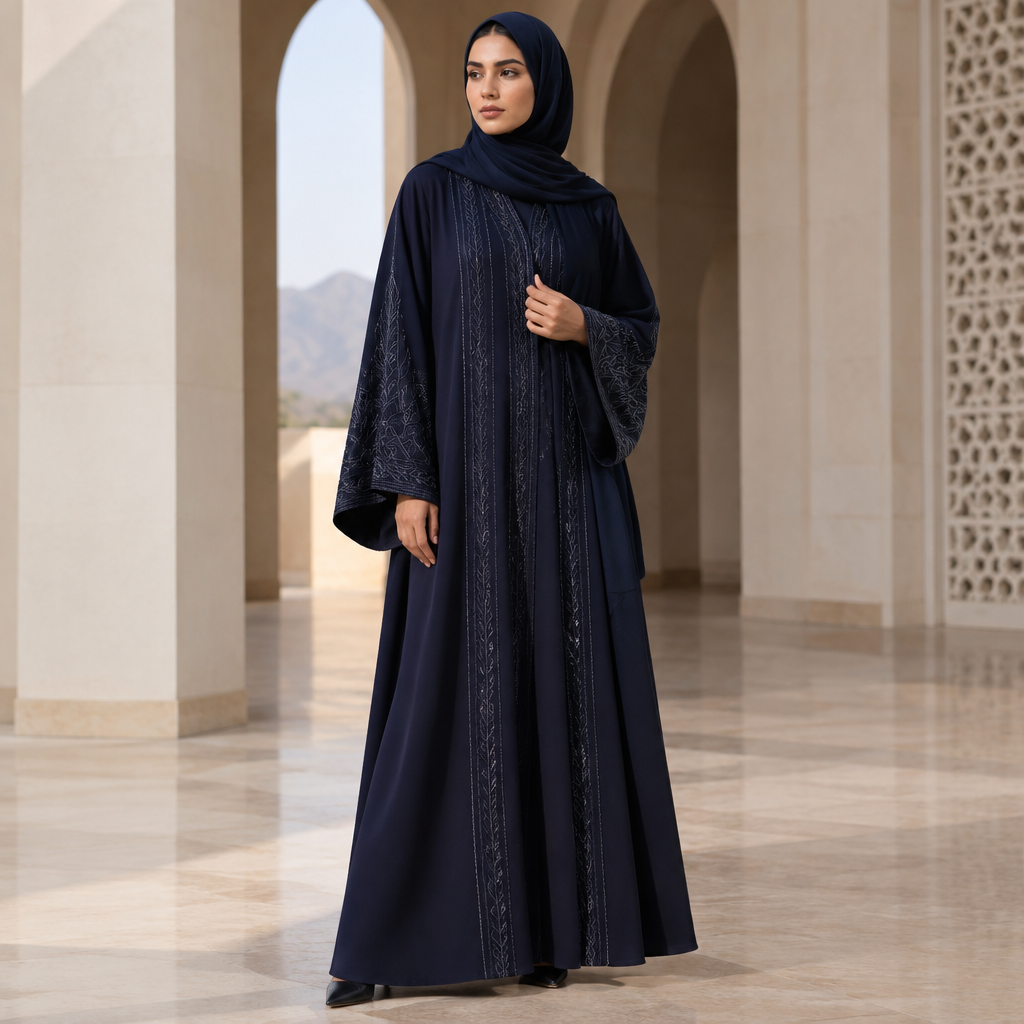 A Female Dress design, suitable for Fall. قماش كحلي. Oman fashion aesthetics. Present it as professional fashion catalogue photography: the garment is the subject, shown full-length with editorial styling, neutral posing and tasteful, non-suggestive framing.
photorealistic fashion design, A Female Dress design, suitable for Fall. قماش كحلي. Oman fashion aesthetics. Present it as professional fashion catalogue photography: the garment is the subject, shown full-length with editorial styling, neutral posing and tasteful, non-suggestive framing., just the design no text