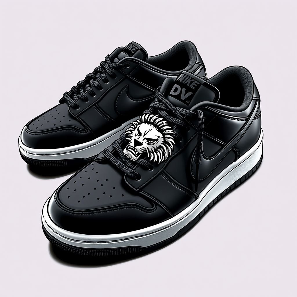 Create me sneakers for my brand. Give it a “Nike dunk” look, workout the Nike swoosh or name. Put “DV” on it somewhere or “Da’Vine”. I want the midsole to have a “see through” look. It should be low top. Do a black design. Put a lion on front of tongue.
Design a pair of low-top sneakers embodying edgy streetwear vibes, featuring a sleek black base. Give them a Nike Dunk-inspired silhouette, but innovate by removing the swoosh. Emblazon "DV" on the side, integrate a striking transparent midsole, and place a fierce lion emblem on the tongue for a bold statement.