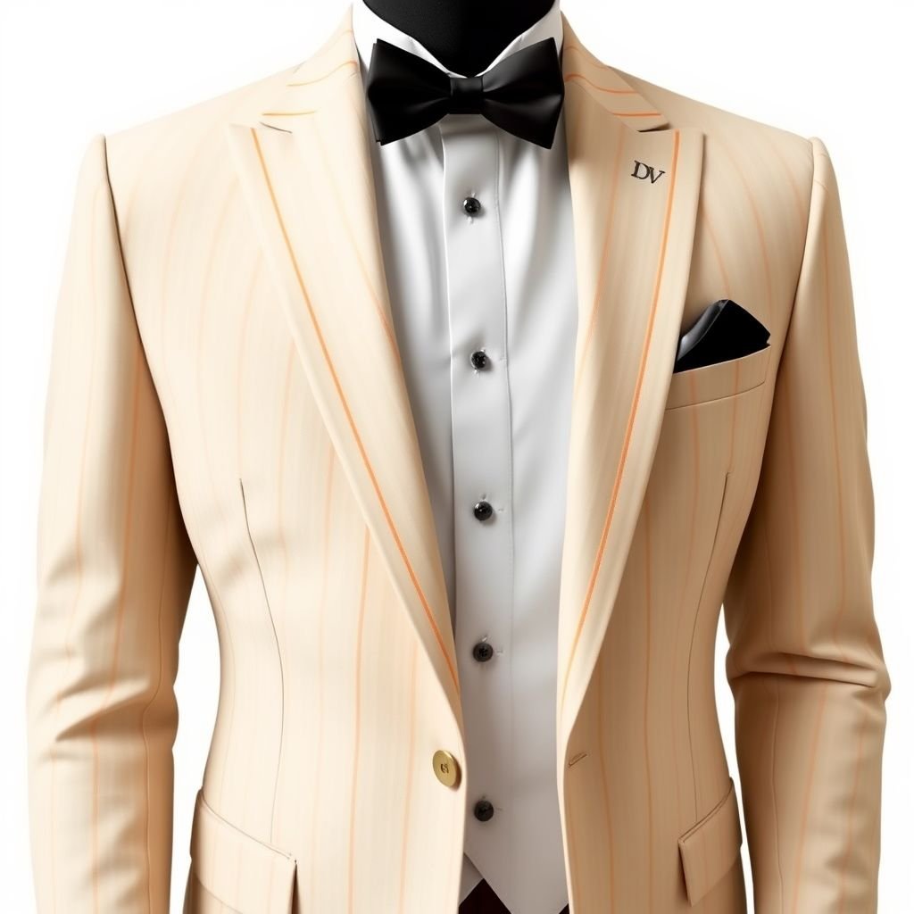 Tuxedo men church suit, with DV on the cuff of sleeve. The suit color can be beige with light orange stripes.
Design an elegant formal tuxedo for men, featuring a tailored beige suit with subtle light orange stripes. The jacket boasts a sharp peak lapel and is adorned with engraved "DV" initials on the cuff of the sleeve. Pair with a crisp white shirt, black bowtie, and polished dress shoes for a sophisticated church attire.