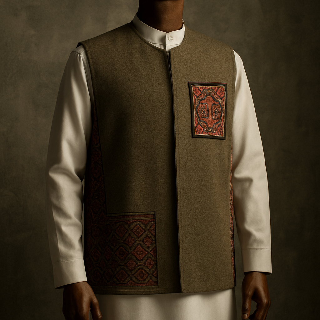 Urban Fusion — modern/short
"Contemporary sleeveless hip-length sedri worn over a traditional white Saudi thawb, on a luxurious wooden mannequin, khaki wool-poly blend with printed ajrak/sindhi side panels, simplified truck-art chest patch, low natural lighting emphasizing texture, textured studio urban backdrop, realistic with an artistic touch --ar 3:4 --v 5 --q 2"
Urban Fusion — modern/short
"Contemporary sleeveless hip-length sedri worn over a traditional white Saudi thawb, on a luxurious wooden mannequin, khaki wool-poly blend with printed ajrak/sindhi side panels, simplified truck-art chest patch, low natural lighting emphasizing texture, textured studio urban backdrop, realistic with an artistic touch --ar 3:4 --v 5 --q 2"
, show front and back