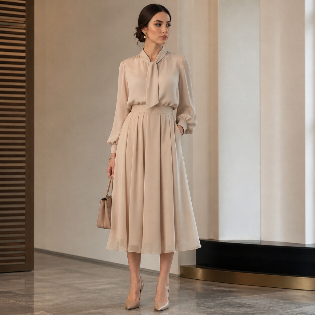 A Female fashion design, made of Chiffon, in Office style. Algeria fashion aesthetics.
photorealistic fashion design, A Female fashion design, made of Chiffon, in Office style. Algeria fashion aesthetics., office style, just the design no text