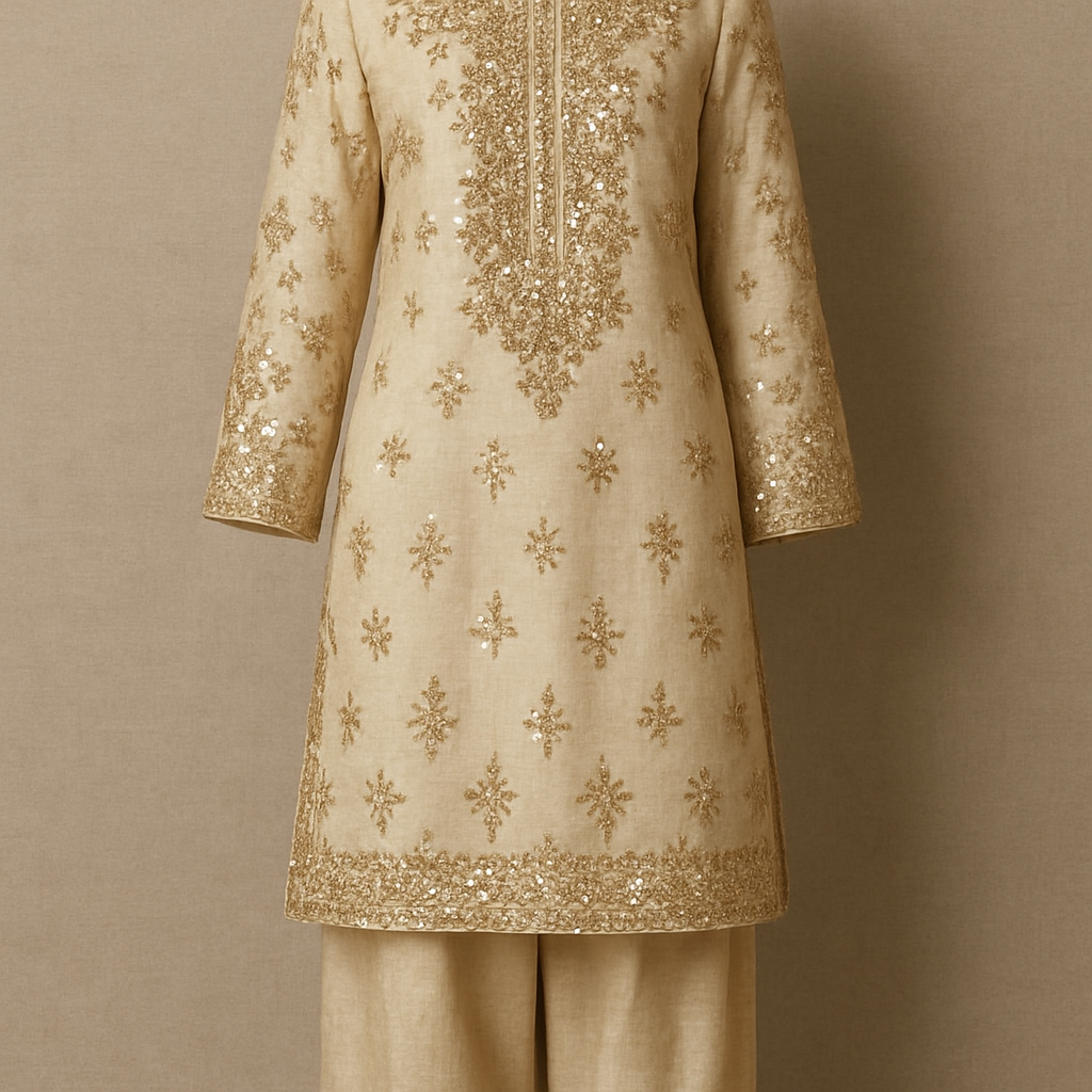 Pakistani shalwar and kameez on raw silk dress sequins
Pakistani shalwar and kameez on raw silk dress sequins