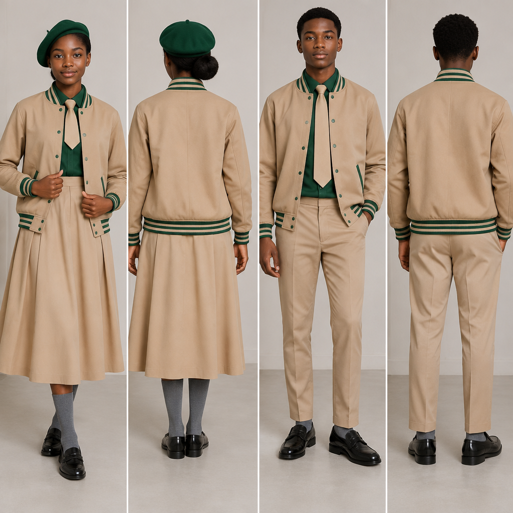 photorealistic fashion design, photorealistic fashion design, Design a light brown baseball jacket with green accents for both male and female. Light brown arms .No writings on the jacket . Use black teenagers as models. show back and front face.
A fit and flare dress top half green and bottom half light brown,covering chest area,almost reaching ankles. Green barrett, light brown tie and grey socks for the female.
A light brown relaxed trouser reaching ankles. Green shirt, light brown tie and grey socks for the male.
Nice black school shoes for both. Both must be wearing baseball jacket. Use shamrock green. South Africa fashion aesthetics. Present it as professional fashion catalogue photography: the garment is the subject, shown full-length with editorial styling, neutral posing and tasteful, non-suggestive framing., just the design no text, show front and back. Refinement: baseball jacket main color to light brown , just the design no text. Refinement: Use previous light brown
photorealistic fashion design, photorealistic fashion design, photorealistic fashion design, Design a light brown baseball jacket with green accents for both male and female. Light brown arms .No writings on the jacket . Use black teenagers as models. show back and front face.
A fit and flare dress top half green and bottom half light brown,covering chest area,almost reaching ankles. Green barrett, light brown tie and grey socks for the female.
A light brown relaxed trouser reaching ankles. Green shirt, light brown tie and grey socks for the male.
Nice black school shoes for both. Both must be wearing baseball jacket. Use shamrock green. South Africa fashion aesthetics. Present it as professional fashion catalogue photography: the garment is the subject, shown full-length with editorial styling, neutral posing and tasteful, non-suggestive framing., just the design no text, show front and back. Refinement: baseball jacket main color to light brown , just the design no text. Refinement: Use previous light brown , just the design no text