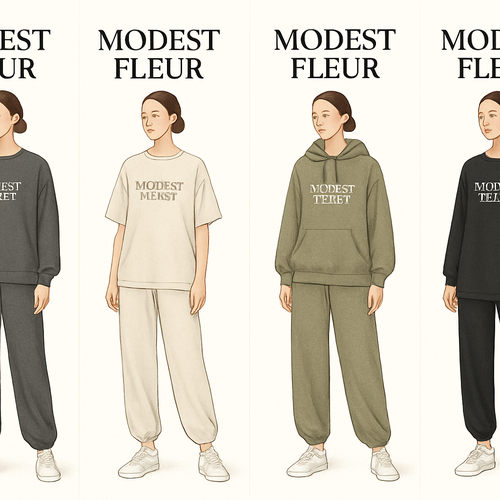 Create a unique, sophisticated, and chic loose gym wear for the brand called “Modest Fleur” on it I need four options. 