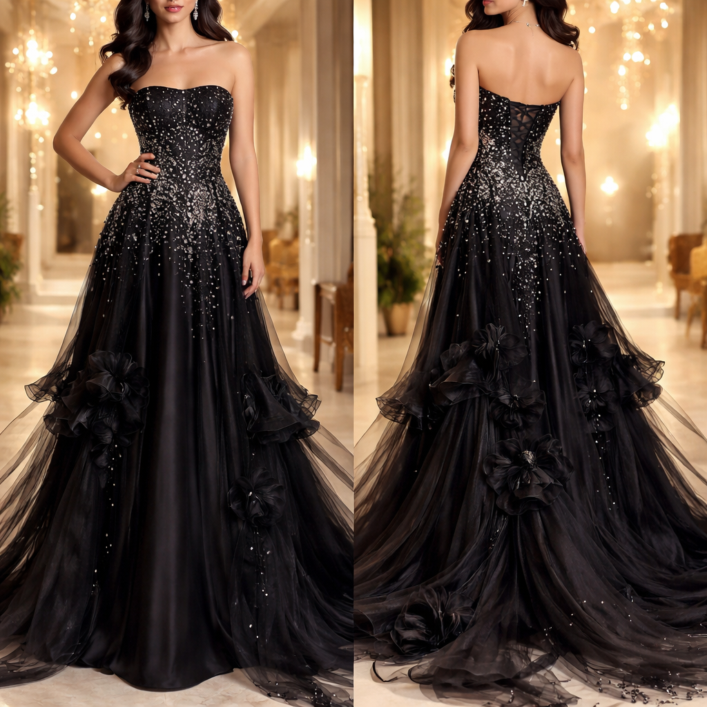 black satin straight across strapless a-line with a lot of bling fading down into the dress that then forms into a flower like flowyness with a skinny scarves
black satin straight across strapless a-line with a lot of bling fading down into the dress that then forms into a flower like flowyness with a skinny scarves
, show front and back