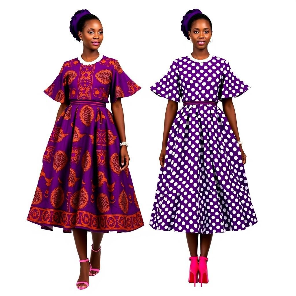 Create a two step midi Ankara flare dress. The first layer is 10 inches, purple fabric. The second layer is white and black polka dots
Design a stunning two-step midi Ankara flare dress that embodies vibrant African fashion. The first layer is 10 inches of rich purple Ankara fabric, adorned with traditional motifs. The second layer features playful white and black polka dots, creating a striking contrast. Accentuate with bold accessories and natural fibers for a complete look.