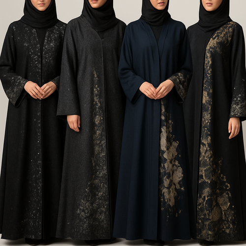 Create a modest abaya, first of its kind, featuring a unique stone design that exudes a classy and sophisticated vibe. I'd like four designs, each showcasing different styles and fabrics. Incorporate high-end, unique chic stone designs to make them truly special. Add little sophisticated stone designs. Make it irresistible with designs that stands out.