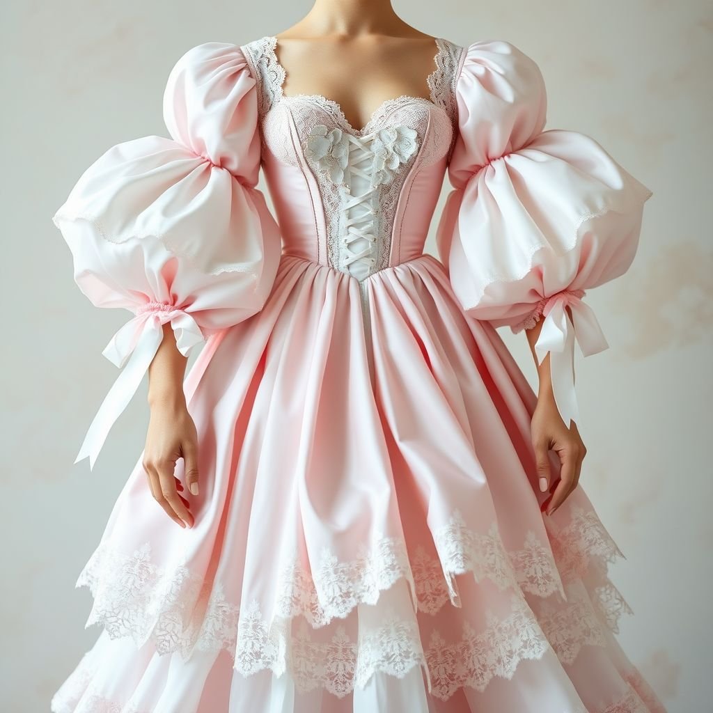 1. Romantic Victorian • Dress with puffed sleeves and lace • Pastel colors (powder pink, white, light blue) • Corset and satin ribbon details
Envision a romantic Victorian gown featuring voluminous puffed sleeves and delicate lace bodices. Flowing from a cinched corset, the dress cascades in layers of pastel hues—powder pink, white, and light blue. Satin ribbons trace the silhouette, while a lace-trimmed hem dances with elegance, embodying ethereal femininity and timeless grace.