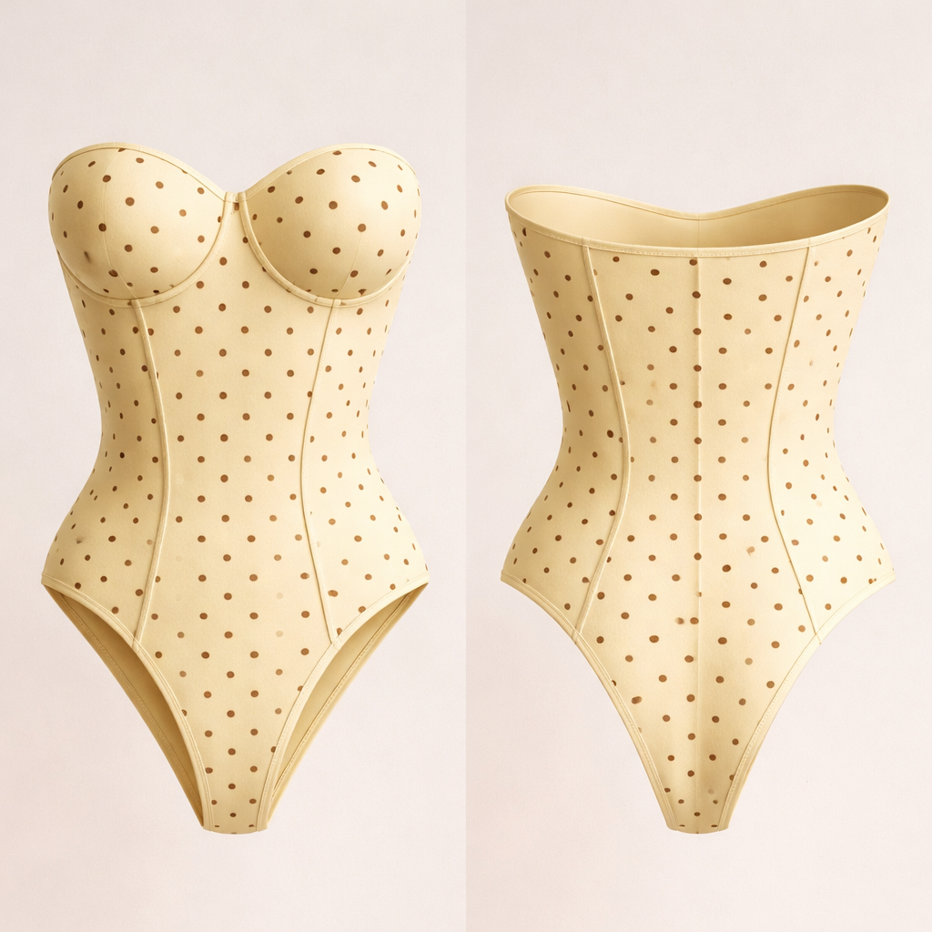 Shape wear no ai model all cotton seamless g string body suit yellow brown dots strapless corset
Shape wear no ai model all cotton seamless g string body suit yellow brown dots strapless corset, classic style, show front and back