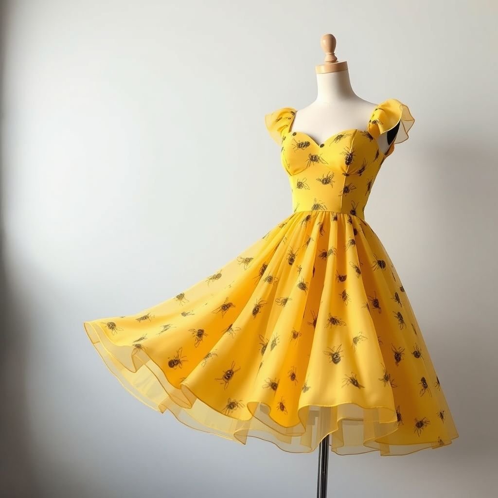 A honey bee & honey comb themed spring day dress.
Design a flirty pinup spring day dress inspired by honey bees and honeycomb. Picture playful, fitted bodice featuring a sweetheart neckline, adorned with vibrant yellow and black prints of buzzing bees. The full, flared skirt flows with layers of sheer fabric, mimicking honey crystals, while a matching hairband completes the charming vintage look.